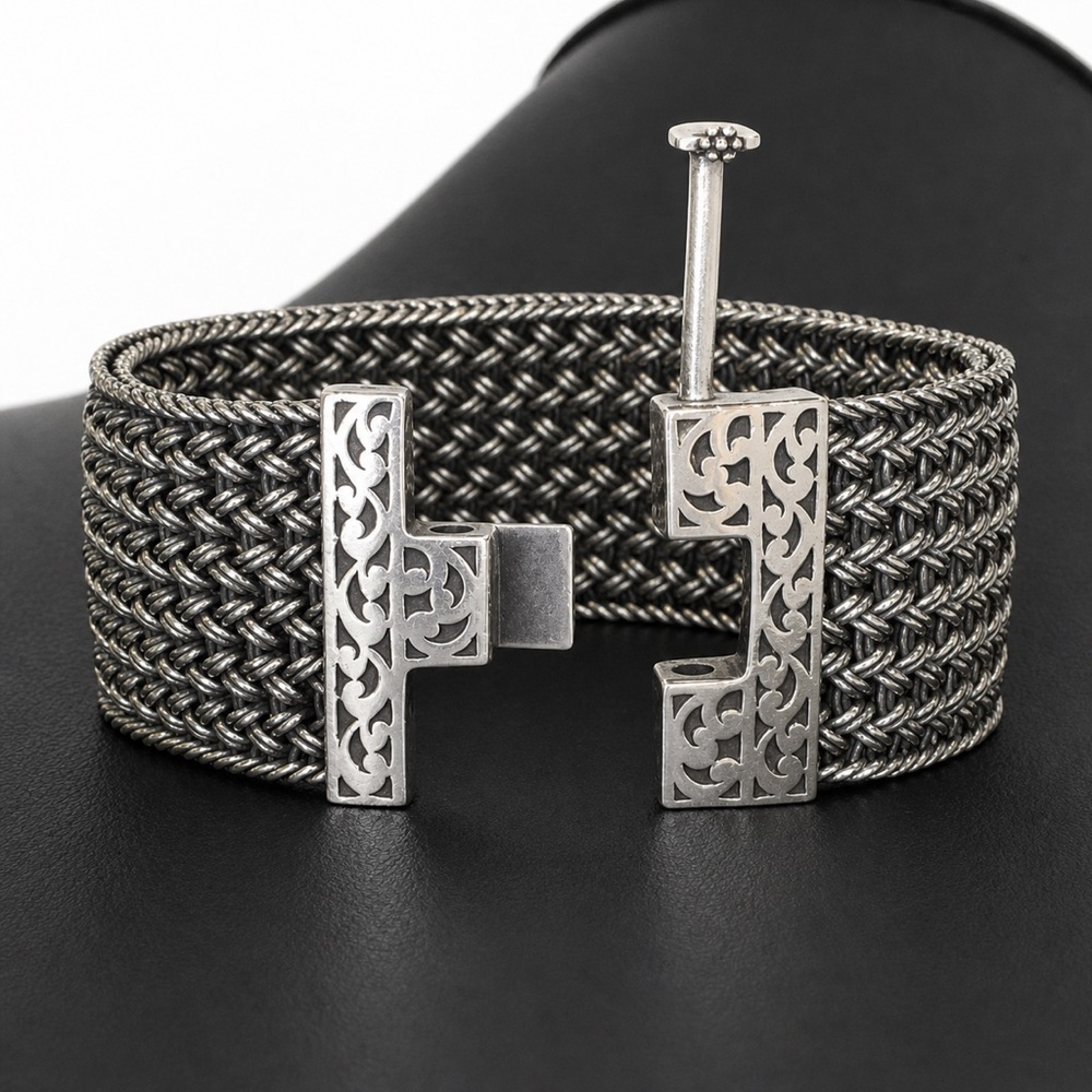 LOIS HILL Sterling Silver Wide Thai Weave Bracelet with Cut Out Links